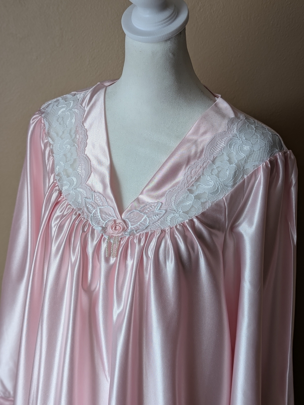 Vintage Sears Cachet Pink Satin Long Sleeve Nightgown M 12-14 Lace Lingerie USA